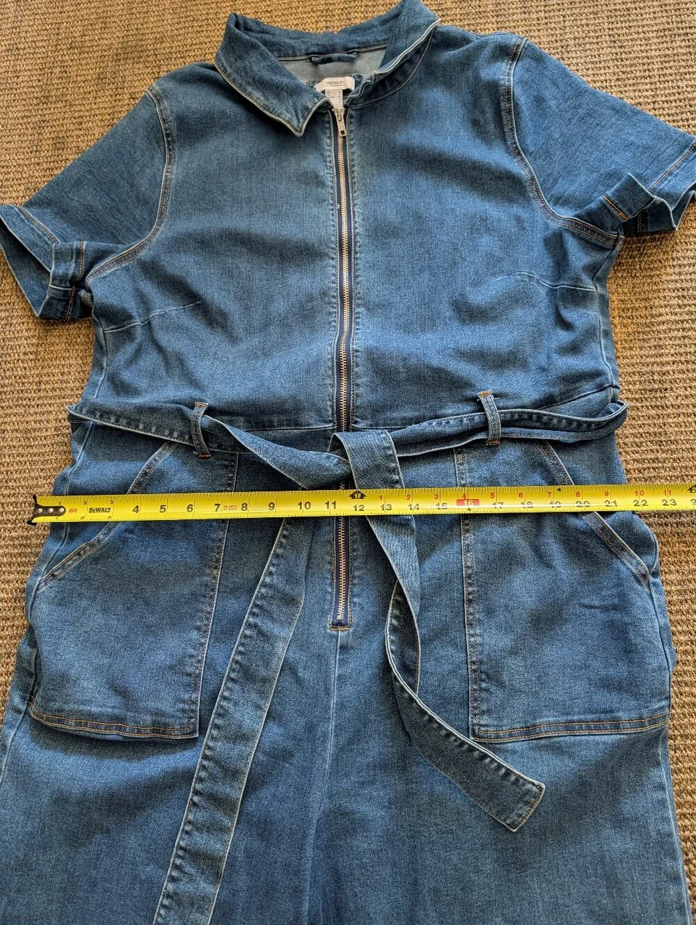 Forever 21 Blue Denim Short-Sleeve Zip Jumpsuit with Tie Belt Raw Hem